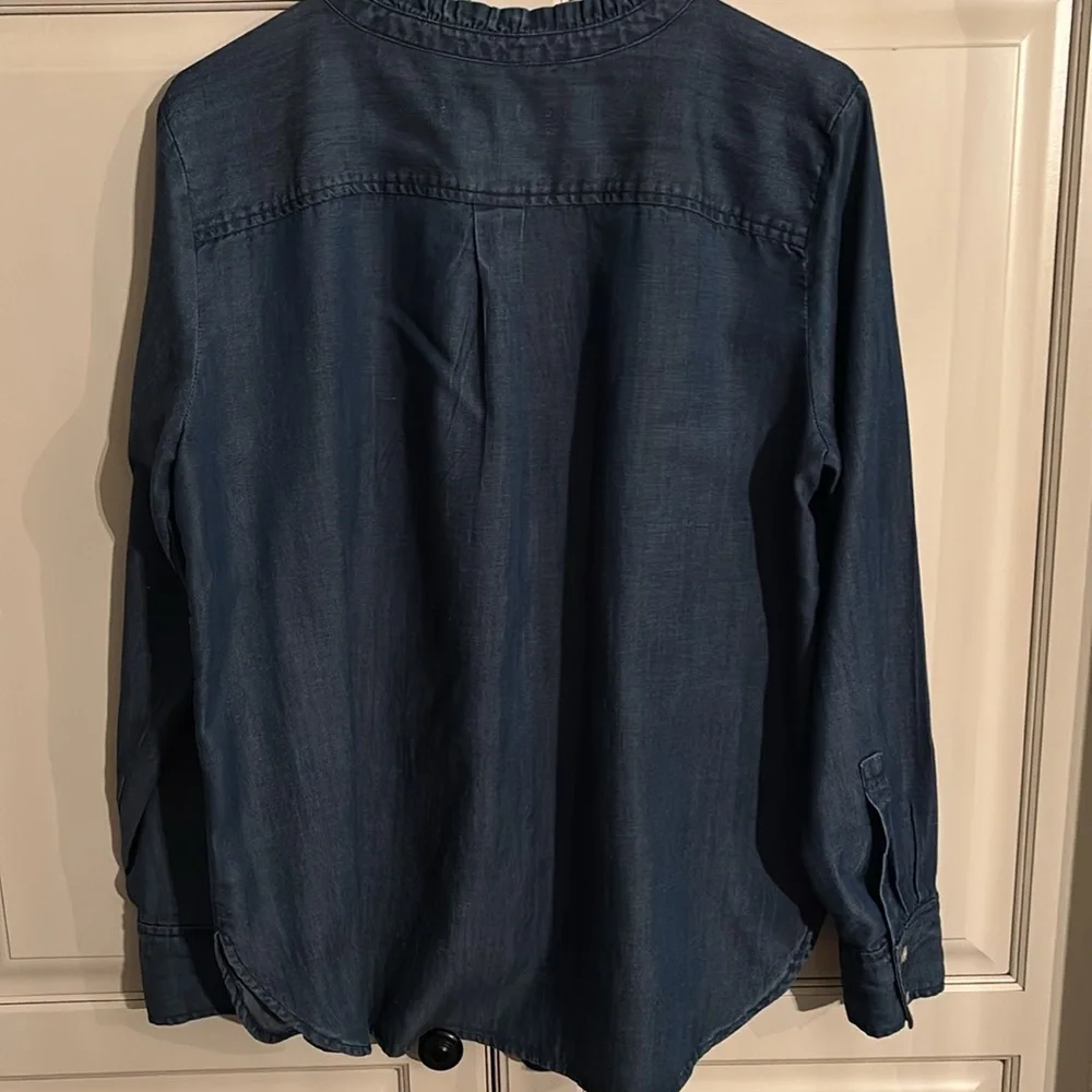 LOFT denim button up shirt with ruffle. L - Picture 5 of 5